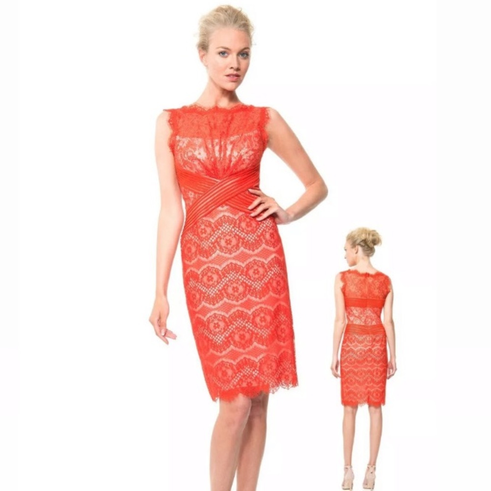 Sheer Chantilly Lace Paprika Red Sheath Dress